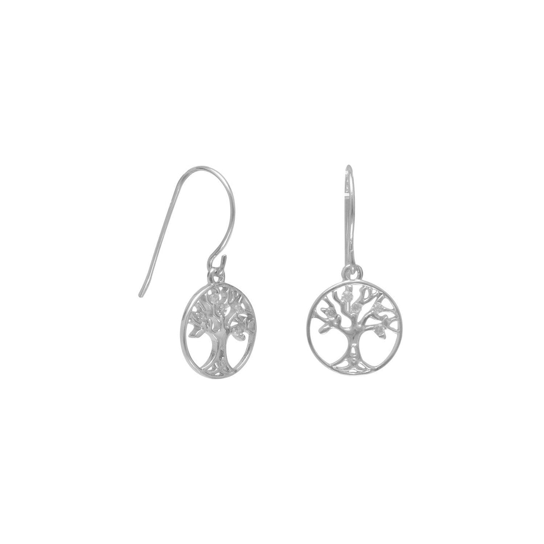 Introducing our exquisite Rhodium plated sterling silver Tree of Life french wire earrings with CZ accents. These earrings boast an intricate cut of the tree, which is further enhanced by the beauty of the cubic zirconia accents that sparkle with every movement. The round, cut out drop measures approximately 12mm, while the earrings hang approximately 27mm, making them the perfect size for any occasion. 