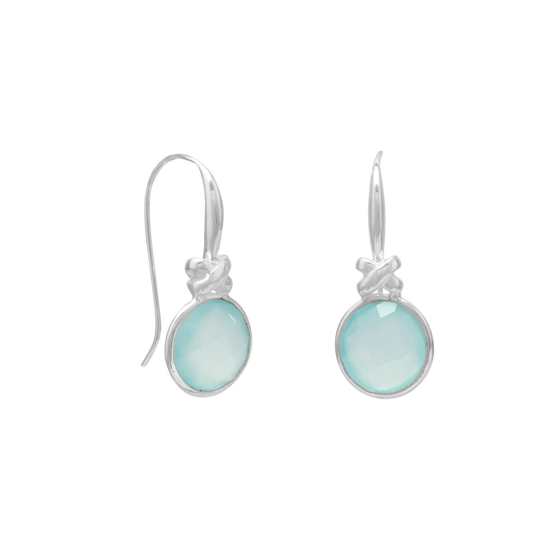 Polished sterling silver wire earrings with 10mm faceted sea green chalcedony and "X" design. The earrings hang approximately 25mm. .925 Sterling Silver