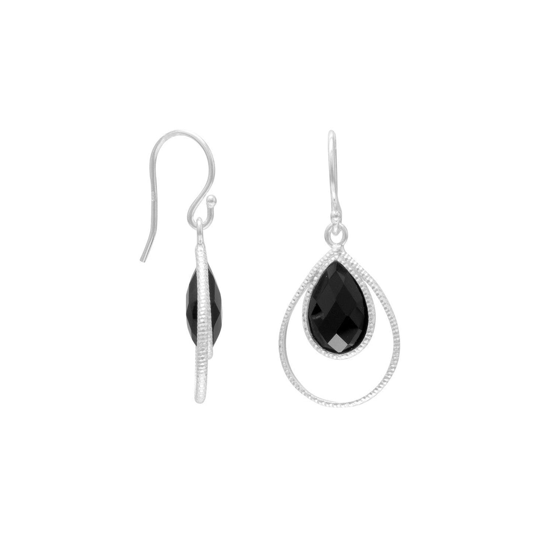 Black Onyx Textured Pear Drop Earrings Double textured sterling silver pear drop earrings with 10mm x 14mm faceted black onyx. The earrings measure 16.5mm across, and hang approximately 38mm. .925 Sterling Silver