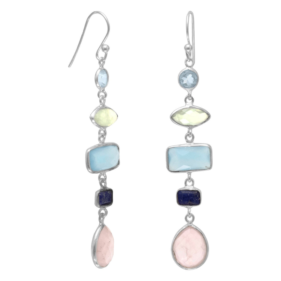 Introducing our exquisite Gorgeous Multistone Long Drop Earrings, a true masterpiece crafted for those who appreciate elegance and sophistication. Sterling silver french wire earrings with multishape faceted blue topaz, prehnite, chalcedony, lapis and rose quartz drops. The stones range in size from 6mm to 8mm x 11mm. The earrings hang approximately 2.5". .925 Sterling Silver