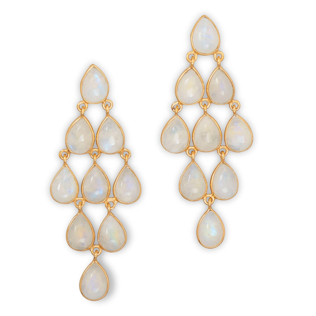 14 karat gold plated sterling silver chandelier post back earrings with pear shape rainbow moonstone. There are nine 8mm x 11mm pear shape stones. The earrings hang approximately 2.5". .925 Sterling Silver