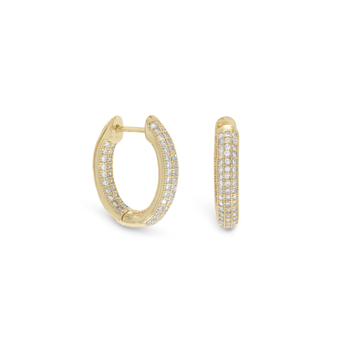 14 karat gold plated sterling silver 3.8mm three row Cubic Zirconia In/Out hinged hoop earrings. The earrings hang approximately 16.5mm. .925 Sterling Silver