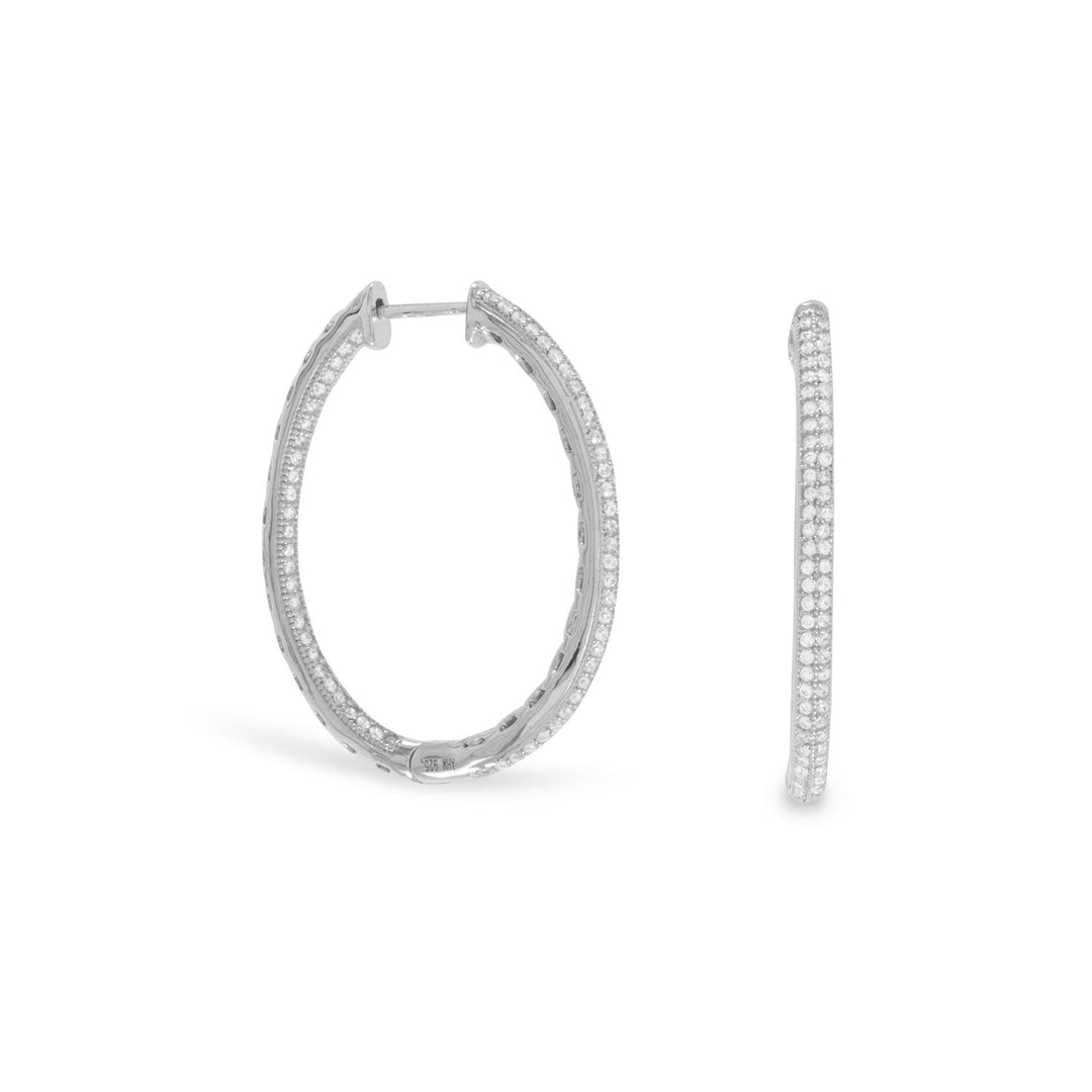 Rhodium plated sterling silver 2.5mm two row Cubic Zirconia In/Out hinged hoop earrings. The earrings hang approximately 33.5mm. .925 Sterling Silver