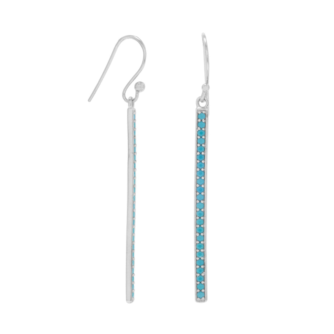 Rhodium plated sterling silver french wire bar drop earrings with 23 individual 1.5mm nano turquoise Cubic Zirconias. The earrings hang approximately 2". .925 Sterling Silver