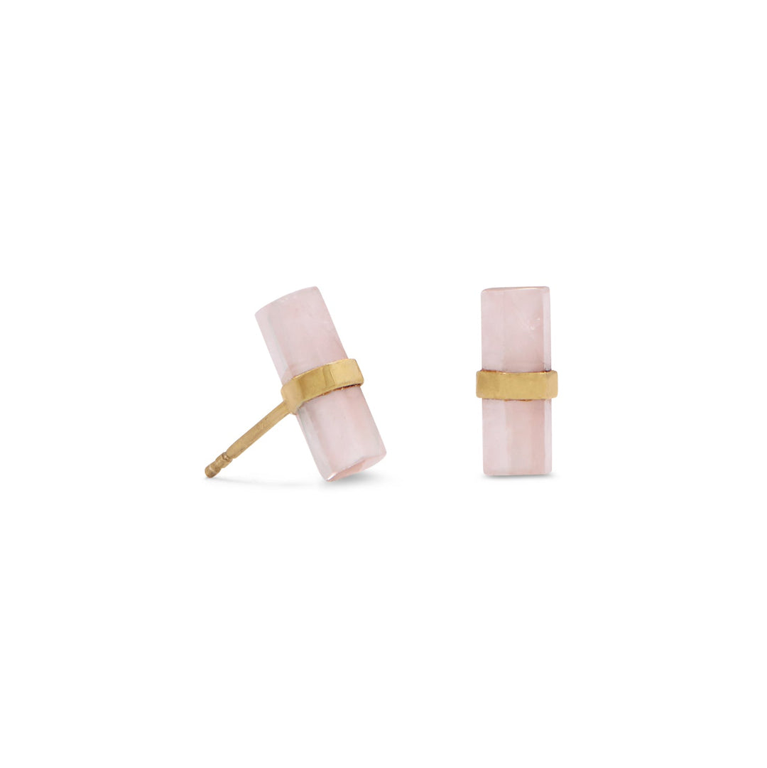 14 karat gold plated sterling silver 4mm x 13mm pencil cut rose quartz studs.