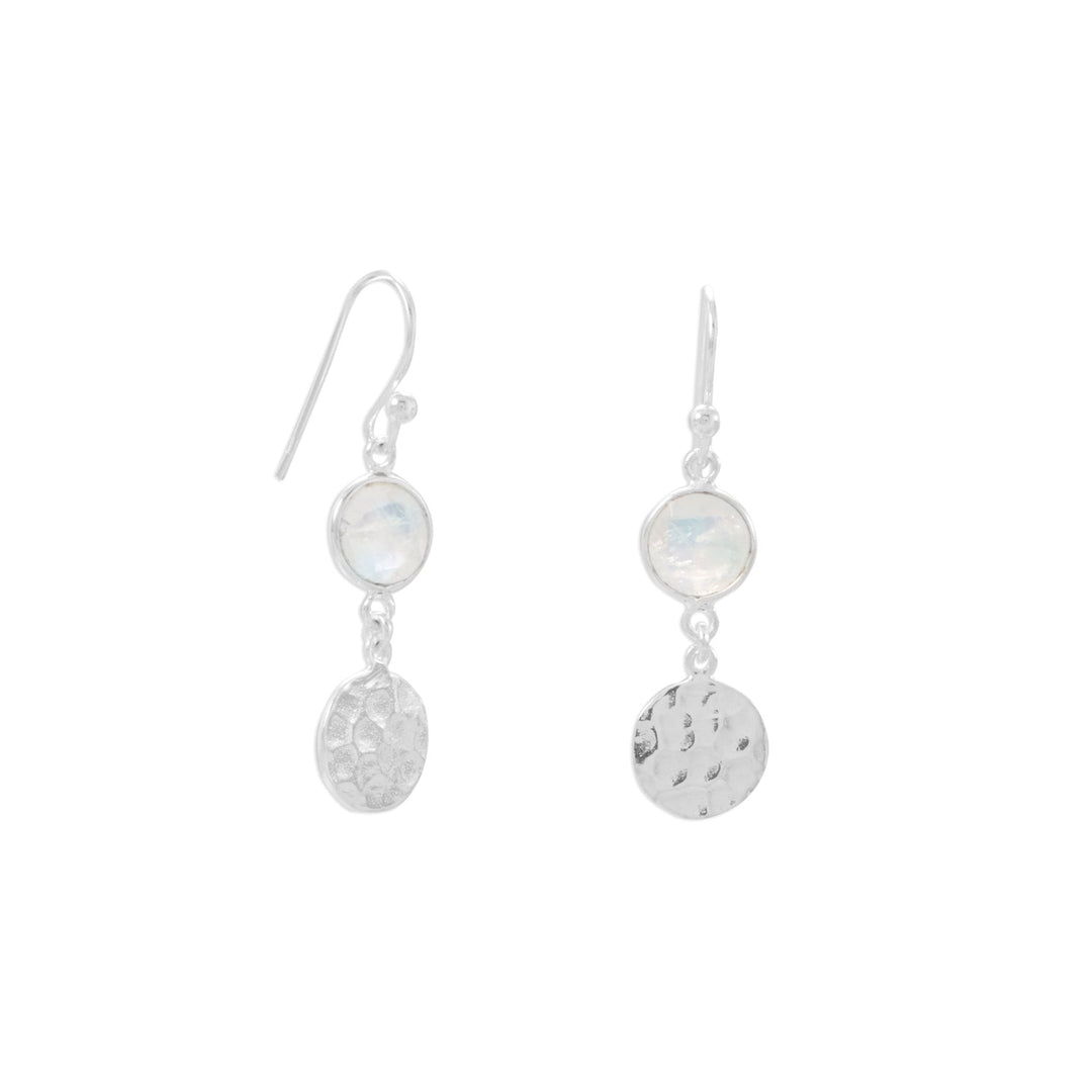 Over the moon about these darling earrings. Shiny sterling silver bezels with 7mm checkerboard facet rainbow moonstones. 10mm hammered disks finish off the look for a total hanging length of 37mm. .925 Sterling Silver