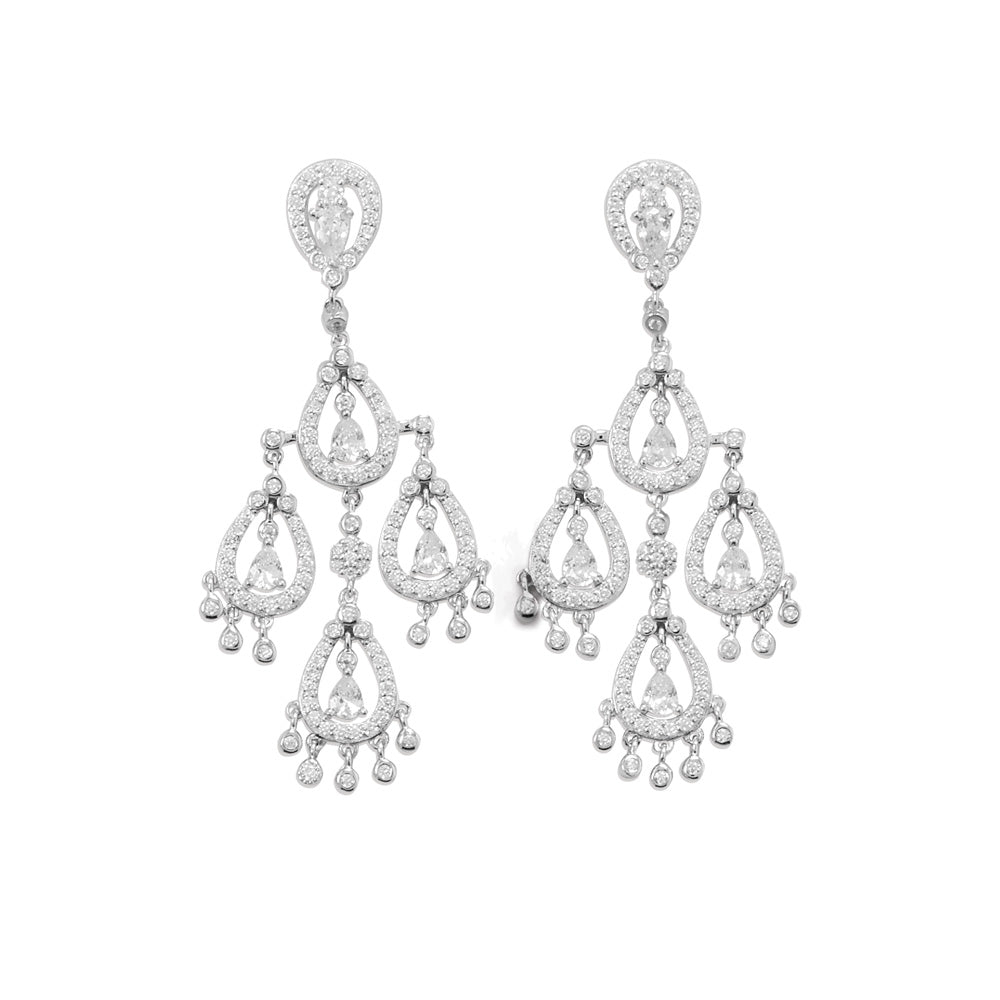 We love this show stopper! Get ready to dazzle on your special day with these Simply elegant earrings. Perfect for brides-to-be or prom night, these earrings are designed to make you shine bright all night long.Rhodium plated sterling silver, post back, chandelier earrings with 266 Cubic Zironia settings. Approximately 40mm x 22.5mm, with a 58mm hang length. .925 Sterling Silver