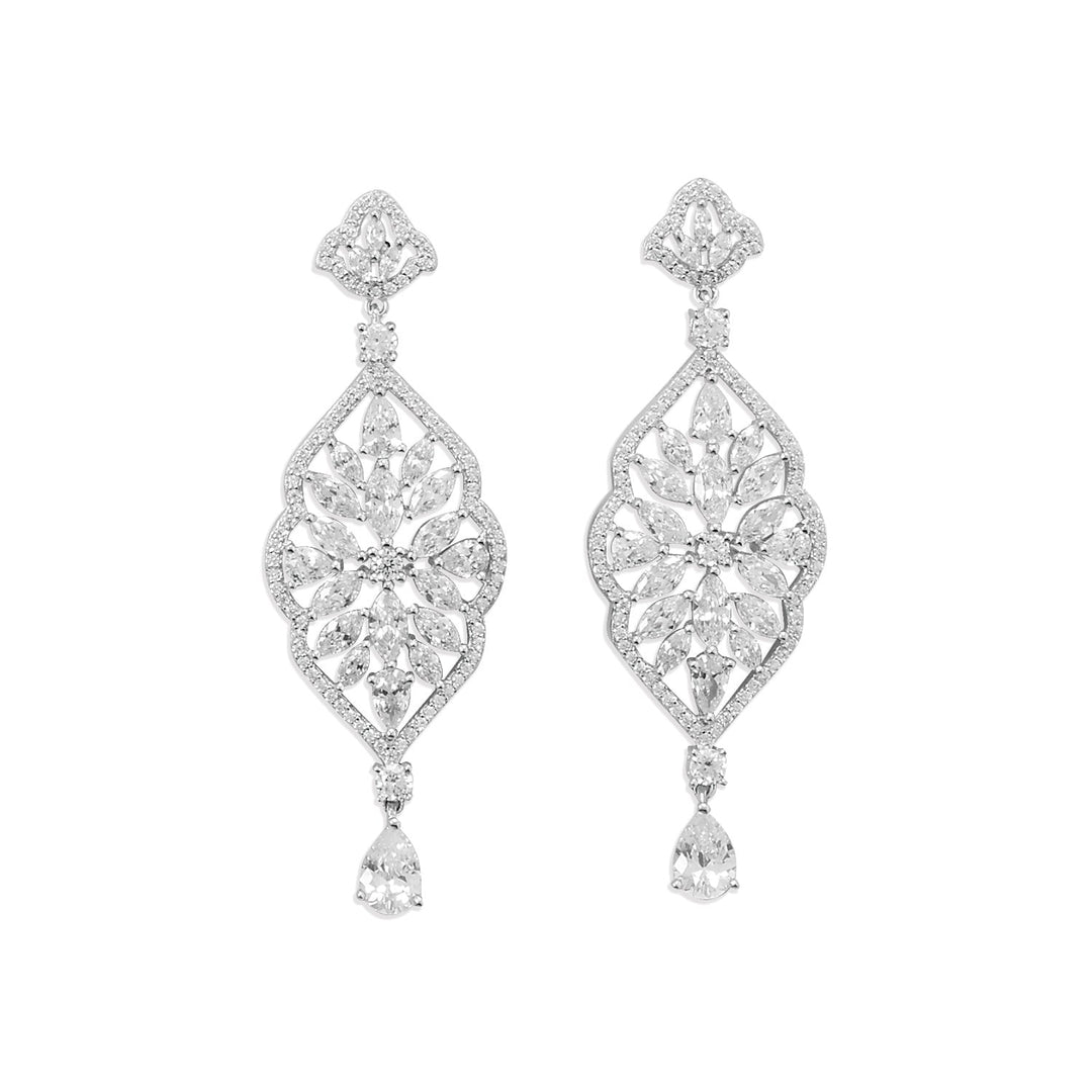 We love this show stopper! Get ready to dazzle on your special day with these Simply elegant earrings. Perfect for brides-to-be or prom night, these earrings are designed to make you shine bright all night long.Elegant rhodium plated sterling silver, Cubic Zirconia chandelier, post earrings. Earrings have 222 Cubic Zirconia settings and measure approximately 38.5mm x 20mm, with a total hanging length of 58.5mm.