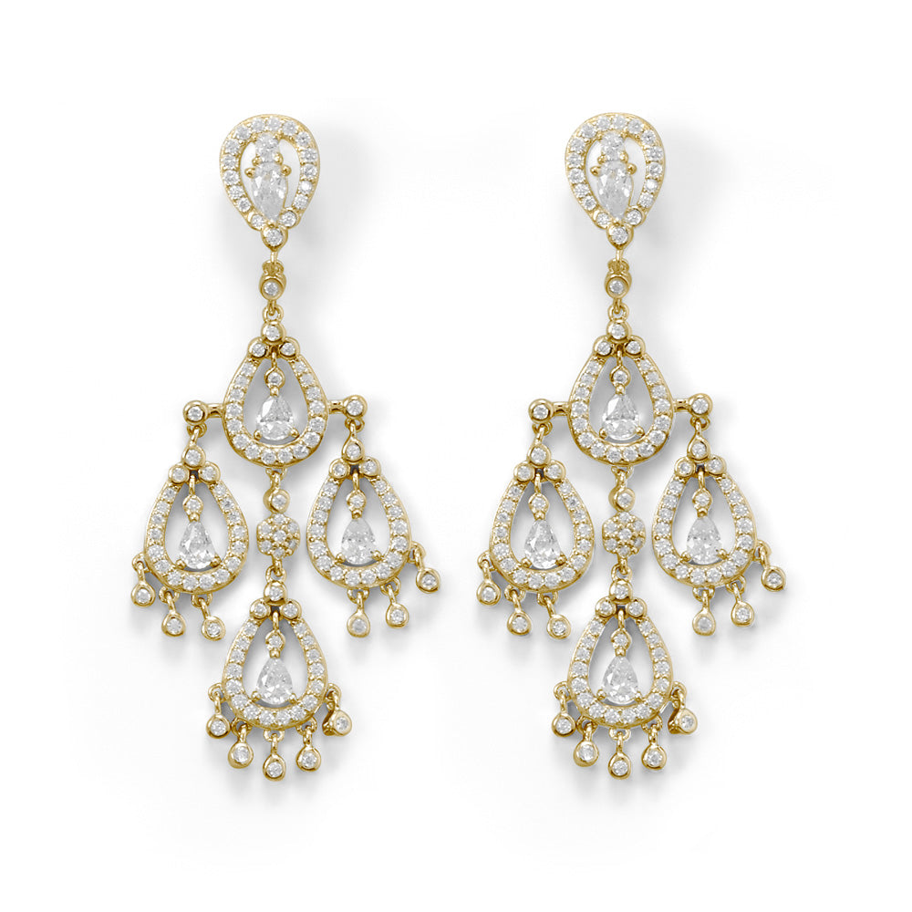 Capture the essence of love in these gorgeous earrings! 14 Karat gold plated sterling silver, post back, chandelier earrings with 266 CZ settings. Approximately 40mm x 22.5mm, with a 58mm hang length. .925 Sterling Silver