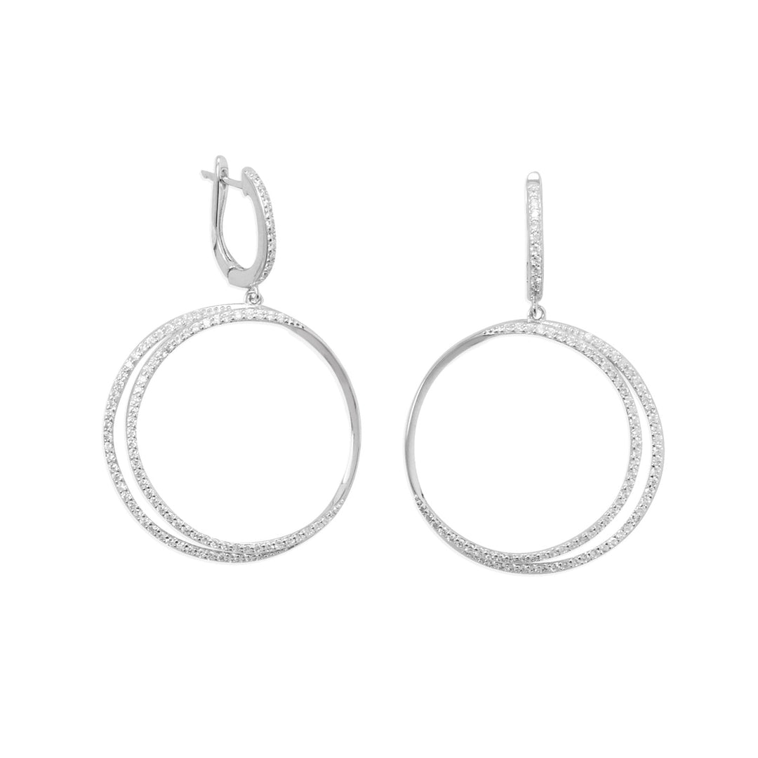 Eclipse earrings. Rhodium plated sterling silver Cubic Zirconia double hoop earrings. Drops are 30mm in diameter and have a latch back closure.  .925 Sterling Silver