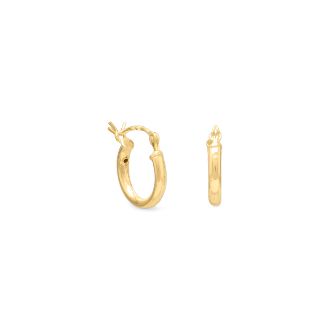 Introducing our exquisite 2mm x 12mm hoop earrings, Crafted from premium .925 sterling silver and finished with a lustrous 14 karat gold plating.