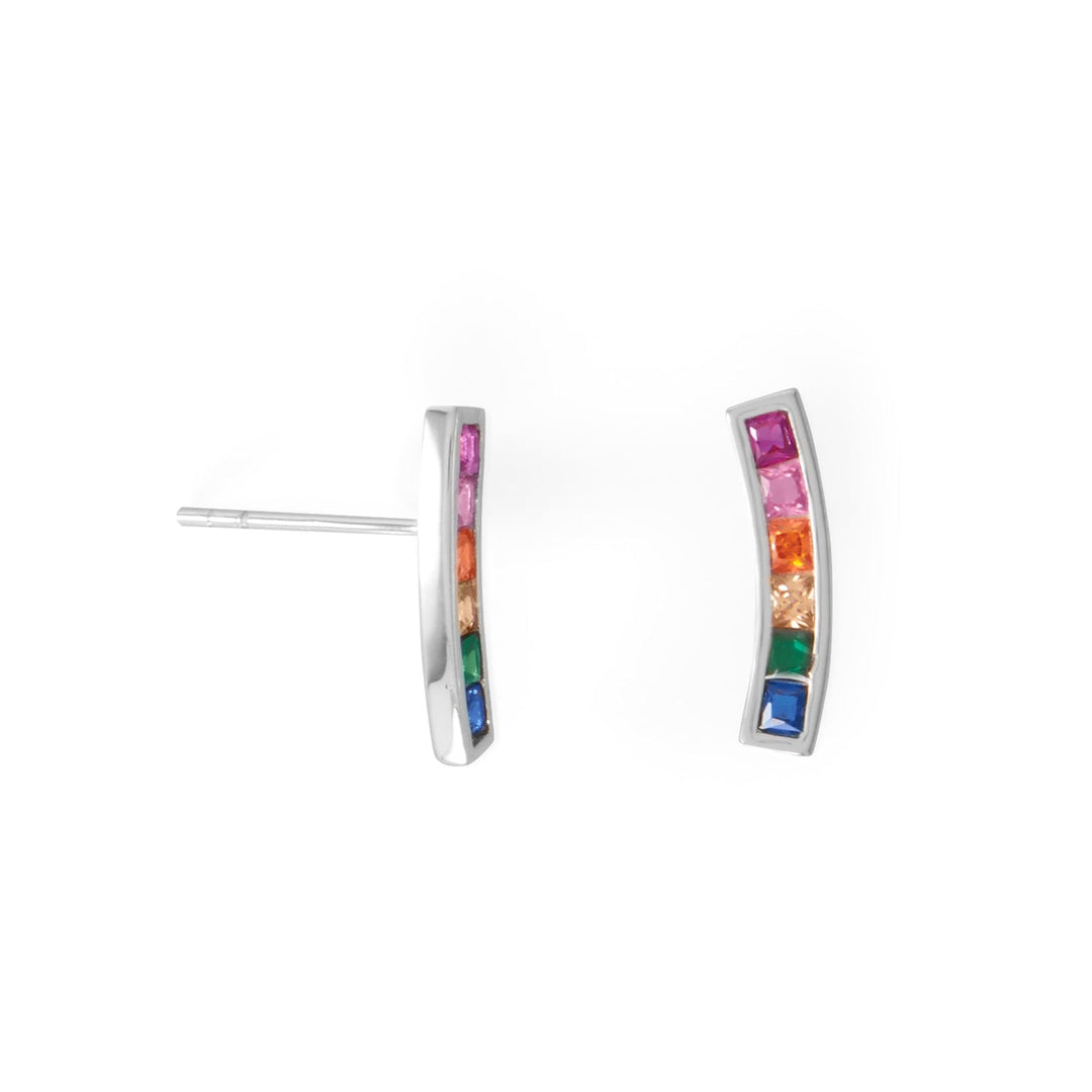 Add a vibrant touch to your style with our stunning rainbow Cubic Zirconia earrings. Crafted from rhodium plated sterling silver, these earrings are not only eye-catching but also durable. Each earring measures 14.3mm and features six square 2mm Cubic Zirconia stones, creating a dazzling display of colors. Made from .925 Sterling Silver, these earrings are of exceptional quality. Elevate your look and embrace the beauty of the rainbow with these exquisite earrings.