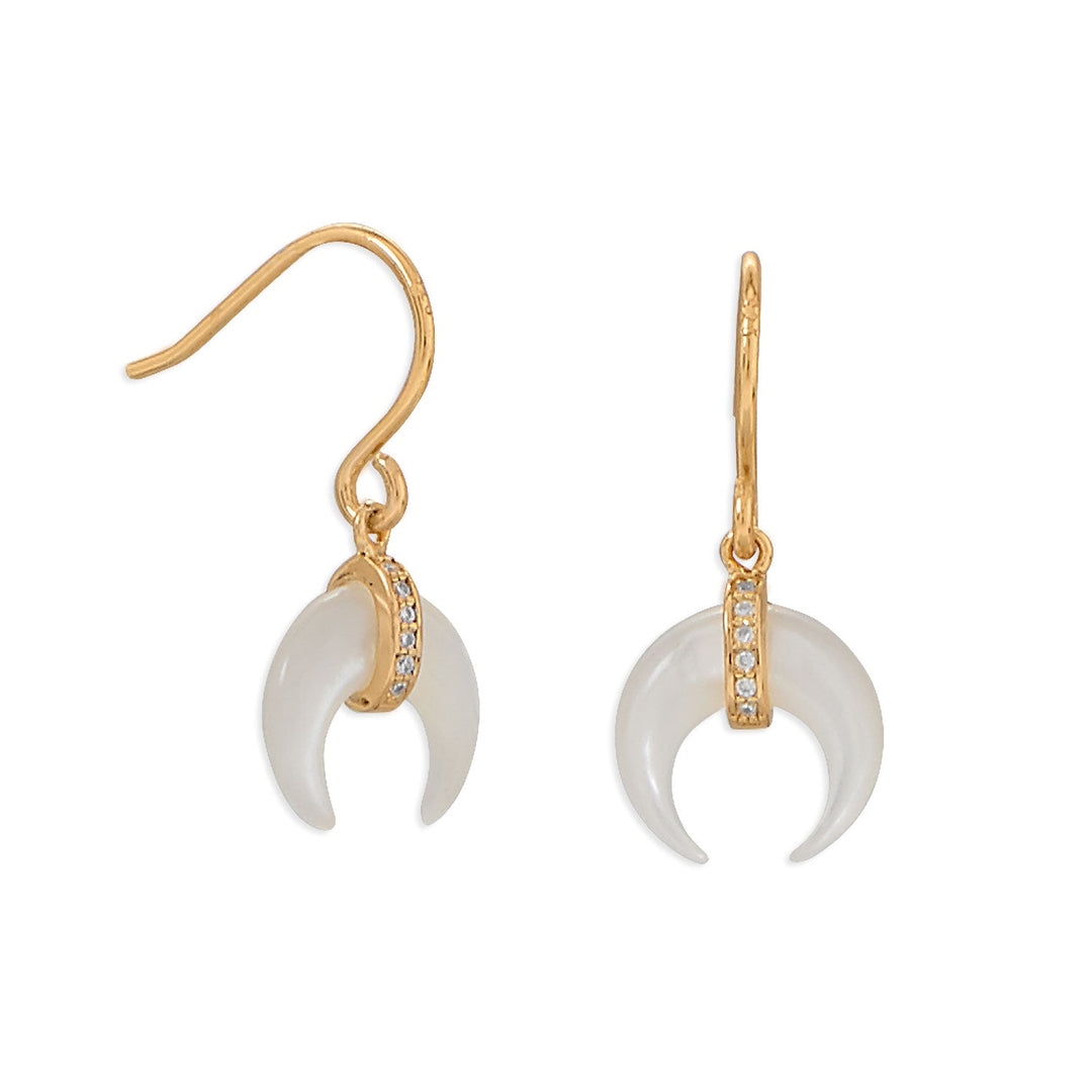 Introducing our exquisite 14 karat gold plated sterling silver French wire earrings, featuring a stunning mother of pearl crescent. The crescent measures 10mm x 9.2mm and is adorned with CZ accents, adding a touch of sparkle to the piece. The hanging length of the earrings is approximately 20.5mm, making them the perfect size for any occasion.