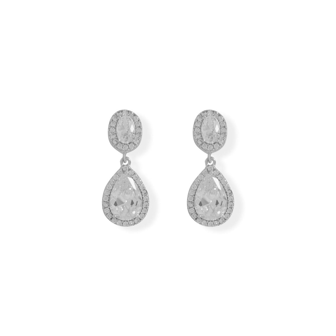 We love this show stopper! Get ready to dazzle on your special day with these Simply elegant earrings. Perfect for brides-to-be or prom night, these earrings are designed to make you shine bright all night long. A chic, simple sparkle! Rhodium plated sterling silver post back chandelier style earrings feature a halo edge oval Cubic Zirconia post with a halo edge pear Cubic Zirconia drop. Oval Cubic Zirconia is 4mm x 6mm and pear Cubic Zirconia is 7mm x 10mm, with the hanging length of 25mm.