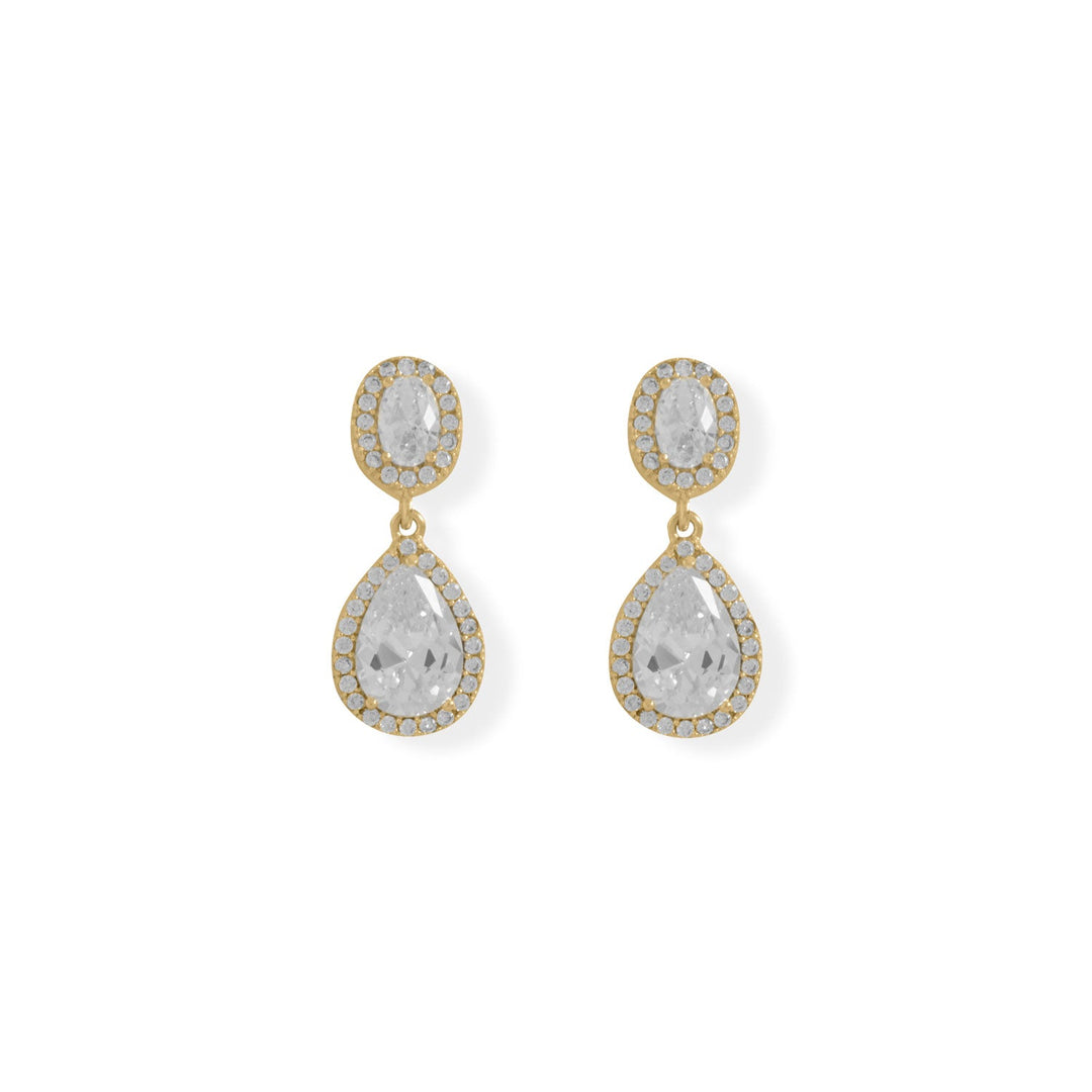 A chic, simple sparkle! 14 karat gold plated sterling silver post chandelier style earrings feature a halo edge oval Cubic Zirconia post with a halo edge pear Cubic Zirconia drop. Oval Cubic Zirconia is 4mm x 6mm and pear Cubic Zirconia is 7mm x 10mm, with the hanging length of 25mm. .925 Sterling Silver