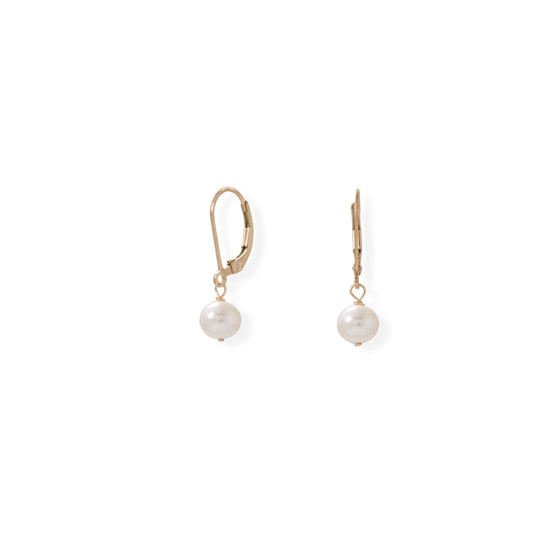 14 Karat Gold Filled Pearl Earrings Classic style. 14/20 gold-filled lever earrings feature a 6.5mm, near round cultured freshwater pearl drop. Total hanging length 25.5mm.