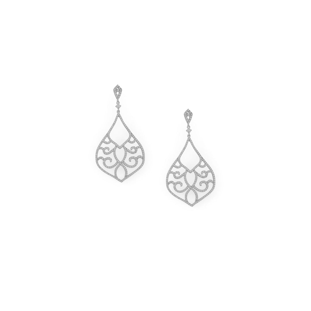 We love this show stopper! Get ready to dazzle on your special day with these Simply elegant earrings. Perfect for brides-to-be or prom night, these earrings are designed to make you shine bright all night long. Add some drama to your bridal look! Rhodium plated sterling silver, raindrop shaped post chandelier earrings features more than 400 dazzling Cubic Zirconias throughout its' ornate design. Raindrop shape measures 49.4mm x 33.7mm and has a total hanging length of 2.6".