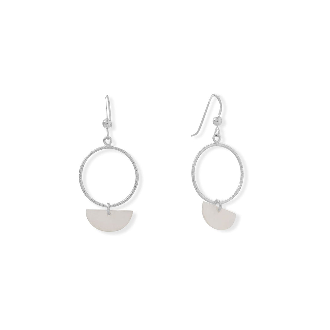 Simple summer classic. Rhodium plated sterling silver french wire earrings feature a diamond cut open circle design with white shell half-moon drops. Shell measures approximately 7.5mm x 14.6mm and earrings have a hanging length of 37.3mm. .925 Sterling Silver 