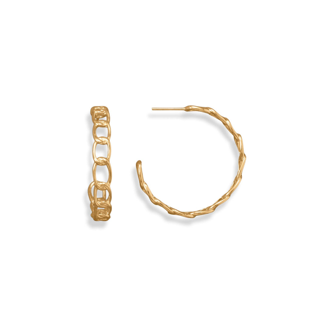 Introducing our 14 karat gold plated sterling silver curb link hoop earrings. With a 6mm width and 31mm diameter, these earrings effortlessly combine beauty and value. Elevate your style with this luxurious accessory that complements our other gold curb chain jewelry pieces.