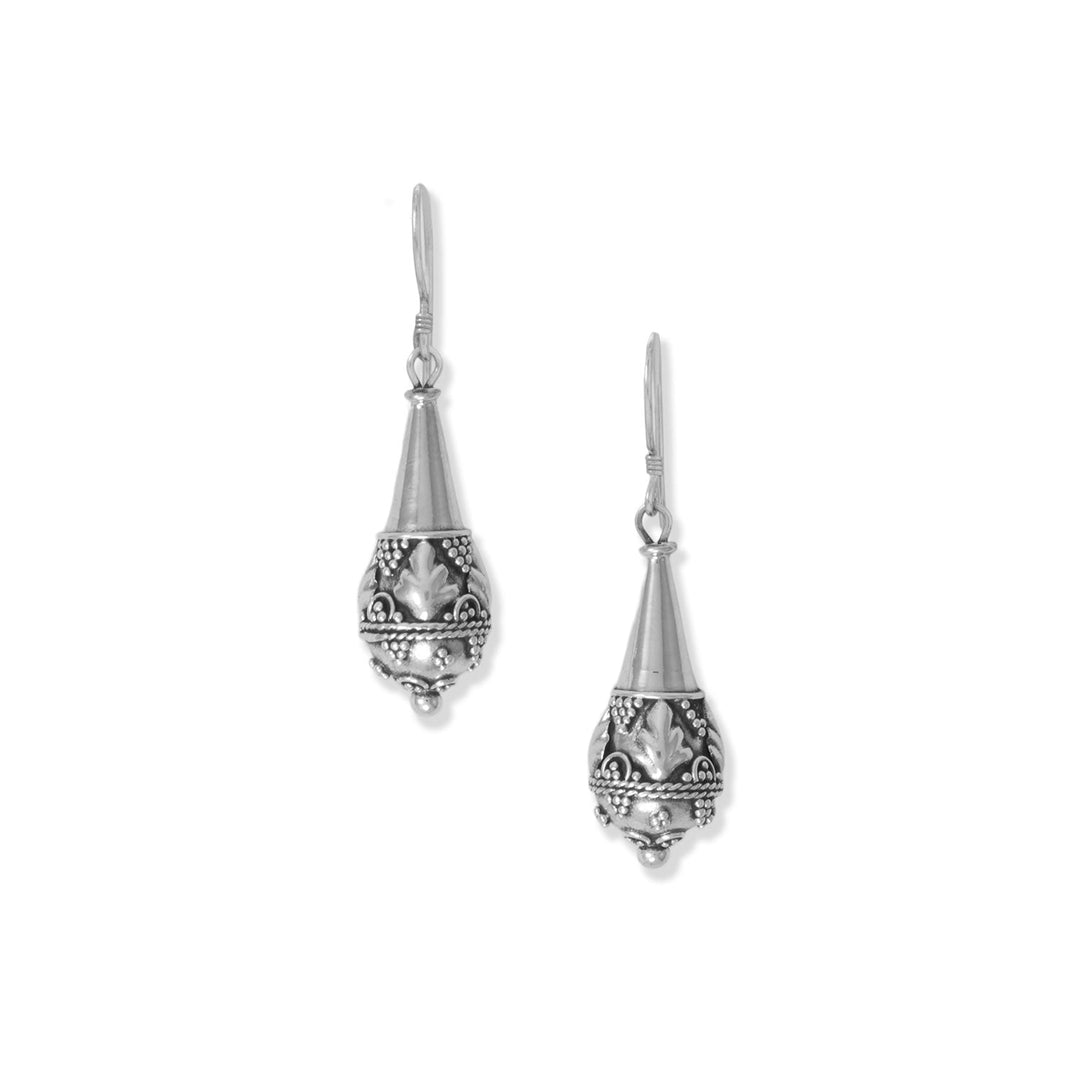 Oxidized sterling silver french wire earrings feature bead and dot design decorated pear shape drops. Earrings have a hanging length of 36.5mm. Handmade items will have slight variances. Handcrafted in exotic Bali, Indonesia .925 Sterling Silver