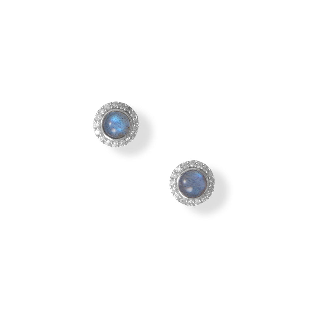 Beautiful labradorite with colors that change with each glance. Rhodium plated sterling silver stud earrings feature 4mm labradorite with a halo of 1mm Cubic Zirconias. .925 Sterling Silver