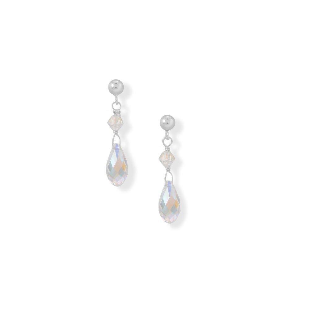 Just the right amount of sparkle! Sterling silver 4mm ball post drop earrings feature AB Swarovski crystal drop. Earrings have a 4mm bi-cone with a 5.5mm x 11mm Swarovski briolette crystal drop. Hanging length is 26.9mm. .925 Sterling Silver