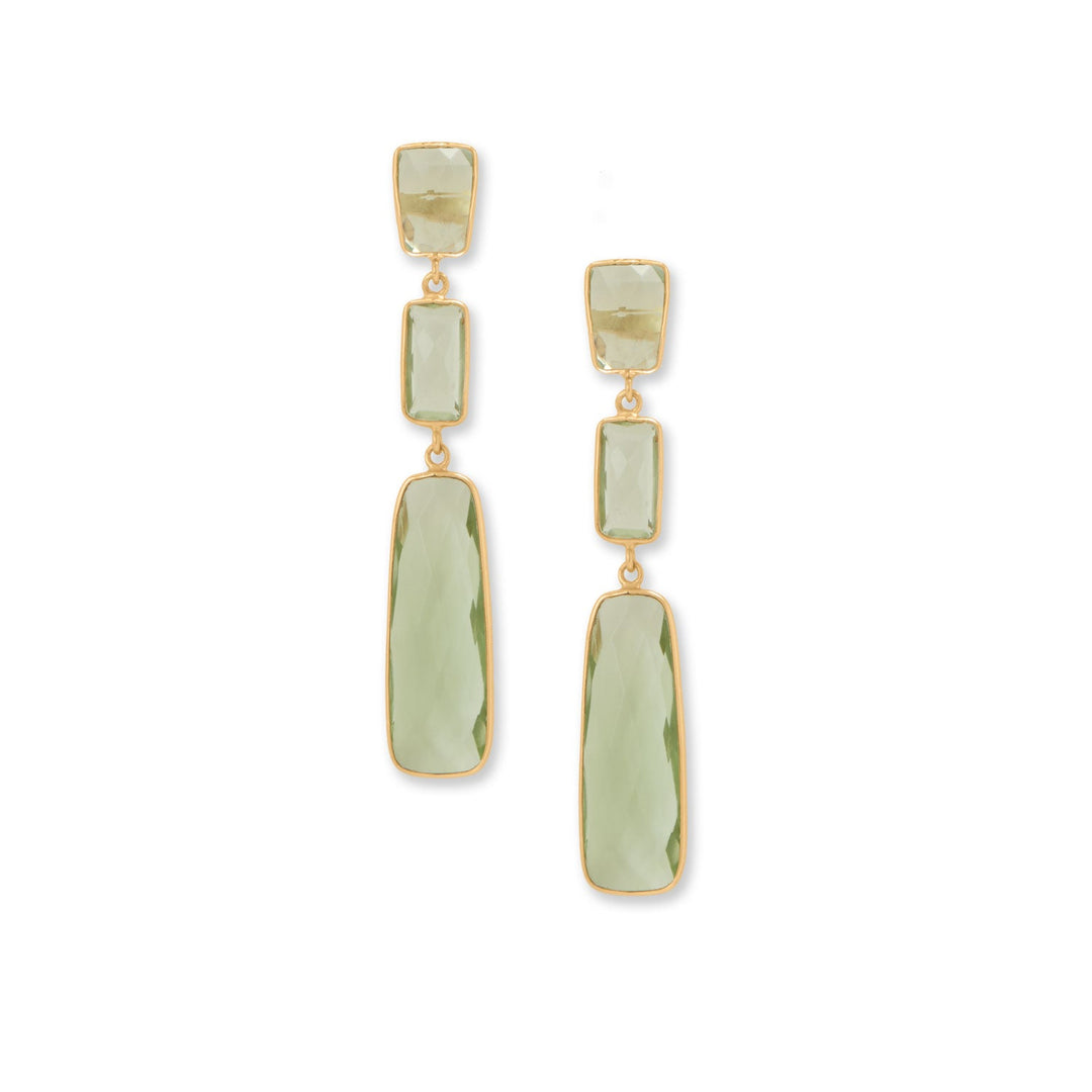 Go green, but make it stylish in these stunning drop earrings! 14 karat gold plated sterling silver earrings feature rectangular-shaped prasiolite. Stones are approximately 30mm x 10mm, 12mm x 6mm, and 11mm x 9mm. Post earrings have a hanging length of 65mm. .925 Sterling Silver 