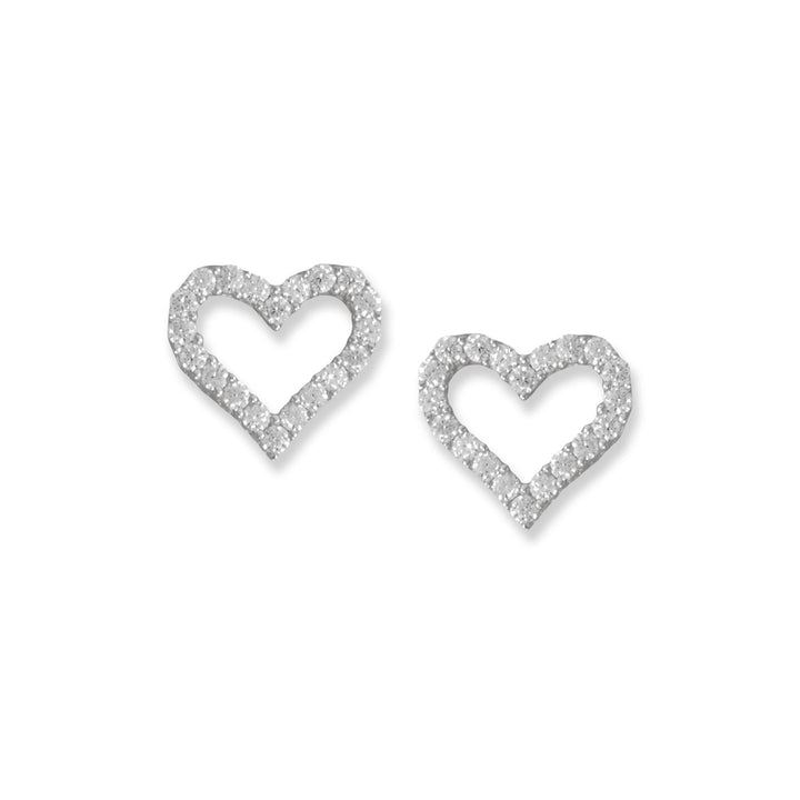 Sweet sterling silver heart outline stud earrings have a post back and are decorated with 1.7mm Cubic Zirconias. Earrings measure 13.2mm x 12.1mm.