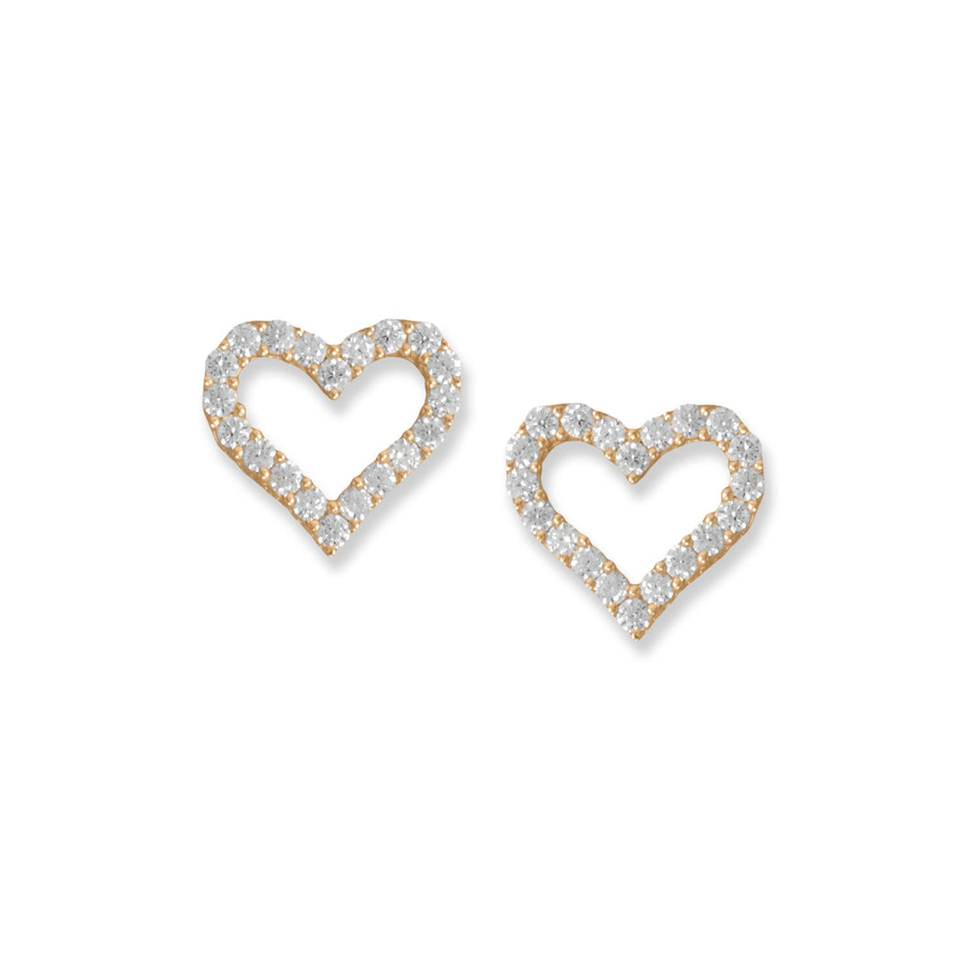 Introducing our exquisite 14 karat gold plated sterling silver heart outline stud earrings, adorned with 1.7mm CZs. These earrings boast a post back for secure and comfortable wear, and measure 13.2mm x 12.1mm.