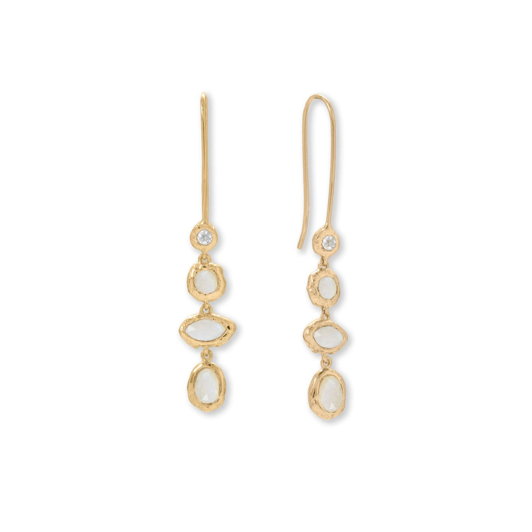 Elevate your look with designer appeal! 14 karat gold Hammered Cubic Zirconia Moonstone Gold Earrings, textured edge earrings feature a round Cubic Zirconia and round, oval and marquise shaped rainbow moonstone. Cubic Zirconia is 2.5mm, rainbow moonstone is 3.5mm, 6.5mm x 3.5mm, and 6mm x 4mm, and earrings have a total length of 50mm. .925 Sterling Silver  