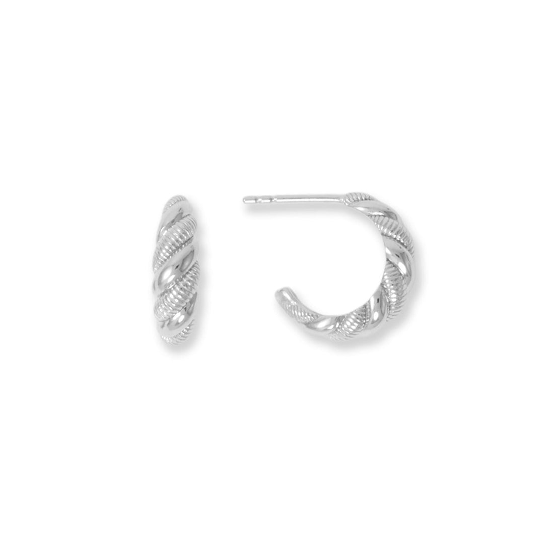 Classic look with a modern twist! Rhodium plated sterling silver 3/4 hoop earrings have a polished and textured twist design. Earrings are 5mm wide and 16mm in diameter.  .925 Sterling Silver 