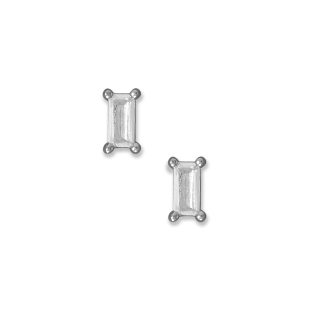 Introducing our Rhodium Plated Sterling Silver Stud Earrings, a stunning addition to any jewelry collection. Crafted from .925 sterling silver, these earrings are designed to last and maintain their luster for years to come. Featuring 2.5mm x 5mm white baguette cut CZs, these earrings offer a dainty sparkle that is sure to catch the eye.