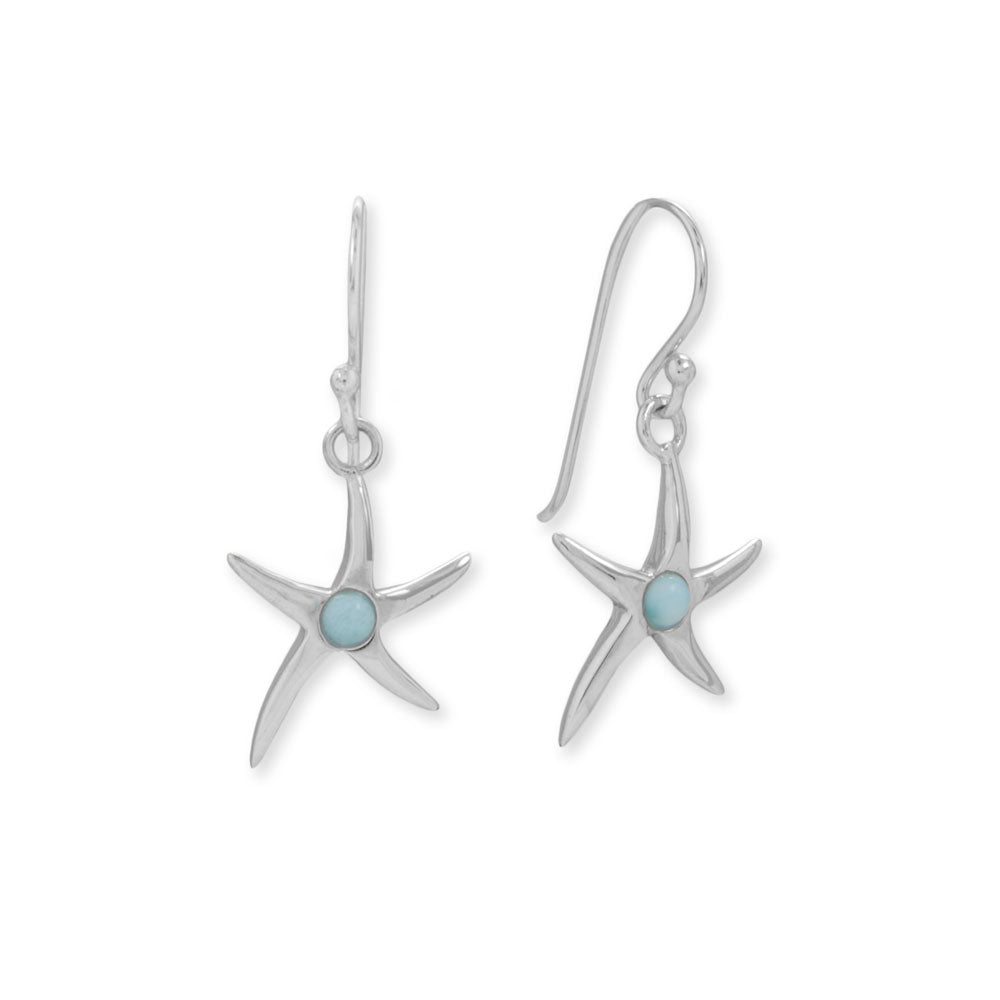 Introducing our exquisite Rhodium plated sterling silver french wire earrings, adorned with a stunning 18.4mm x 13.2mm starfish and a delicate 3mm larimar accent. These earrings boast a hanging length of 29mm, making them the perfect accessory for any occasion.