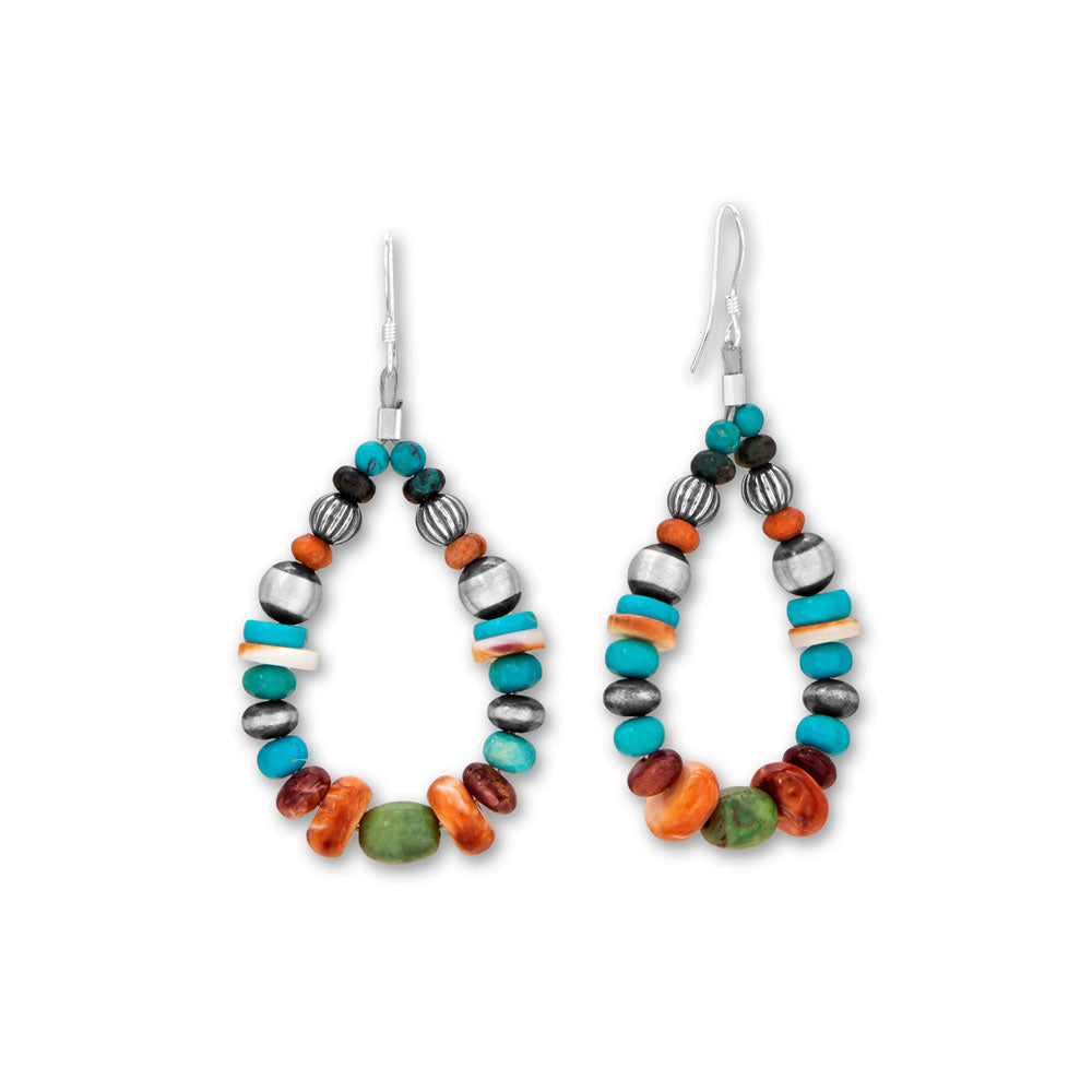 You'll turn every head when wearing these colorful earrings! Sterling silver french wire earrings are created using graduated stones featuring Kingman turquoise, spiny oyster, black onyx and green turquoise. Sterling silver accent beads are handcrafted in the USA. Beads range from 3.4mm-7mm, and earrings have a hanging length of 59mm. .925 Sterling Silver  Made in the USA.