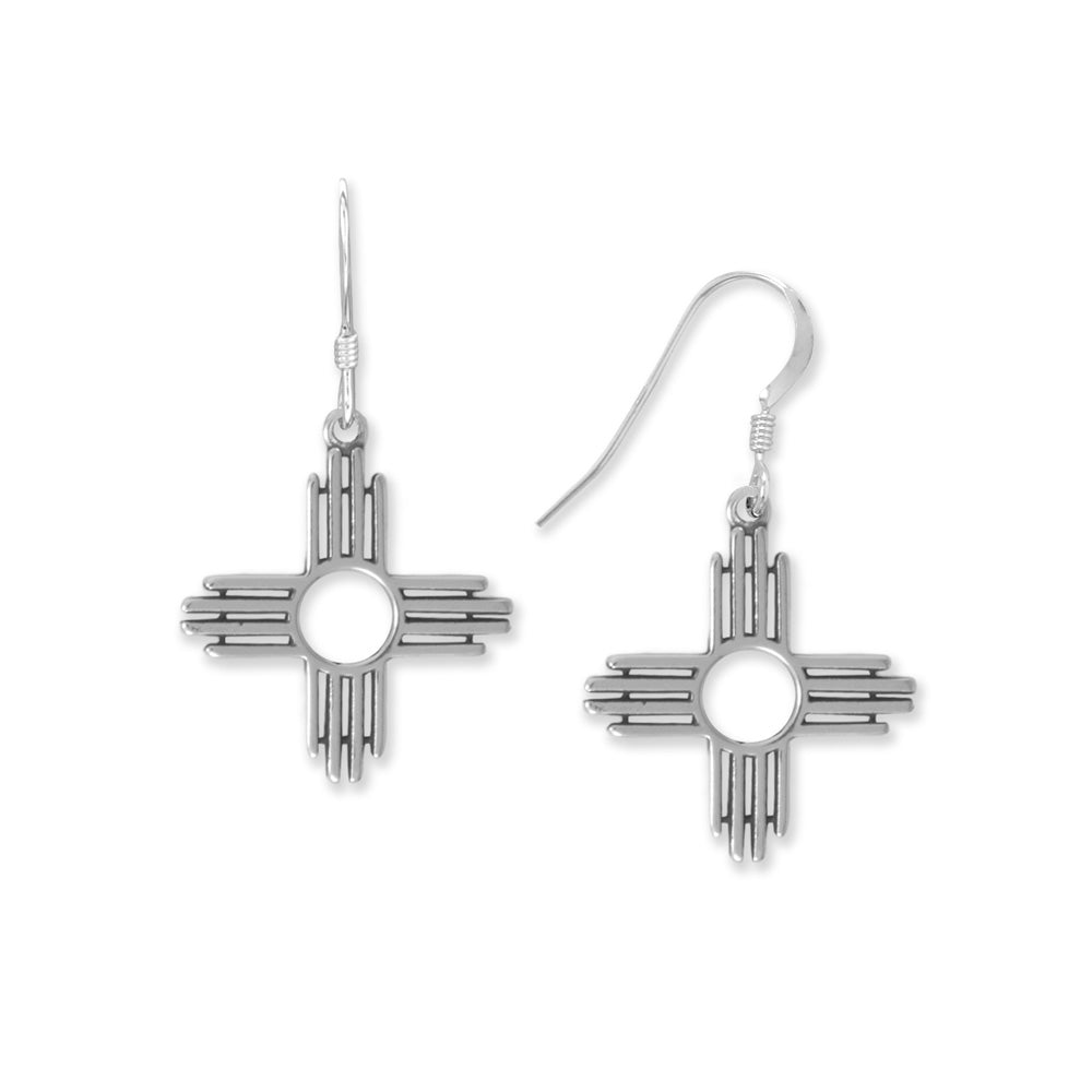 An important symbol in the Pueblo community, these Zia symbol french wire earrings have a hanging length of 34mm and charms measure 18.8mm. The Zia symbol has many meanings: The four cardinal directions, the four seasons of the year, the four periods of the day, and the four life steps. The circle in the middle ties the rays together to represent love and life. .925 Sterling Silver