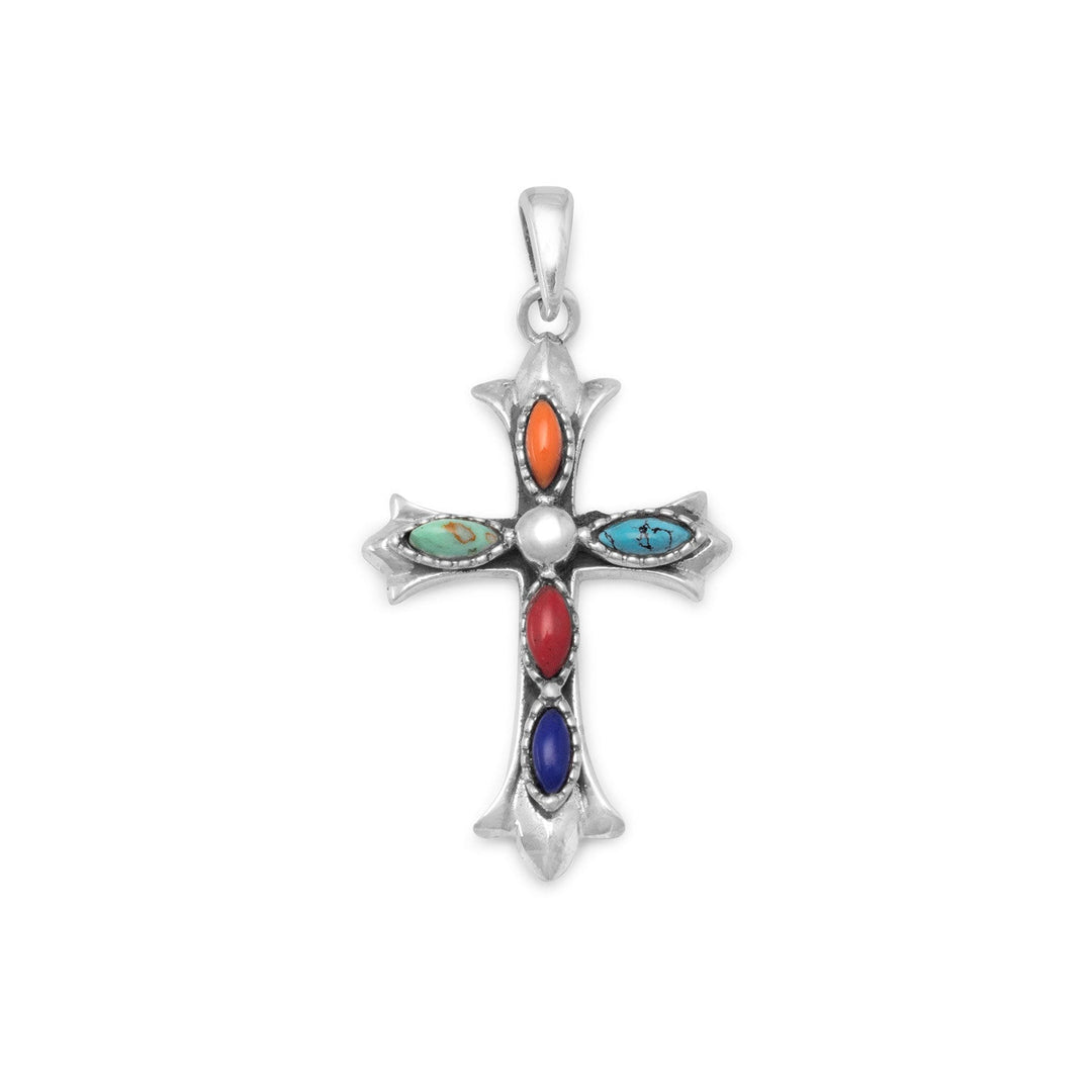 Introducing our classic best seller, the Oxidized Multi Stone Sterling Silver Cross Pendant. Measuring 36.5mm x 20mm, this exquisite piece features a stunning array of 6mm x 2mm marquise shape reconstituted pink and red coral, green and blue turquoise, and lapis stones.