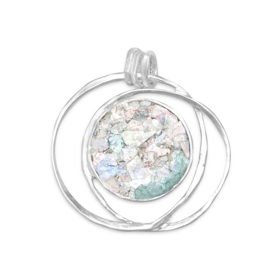 Textured sterling silver open design pendant with Ancient Roman Glass center. The Ancient Roman Glass is 19mm. Ancient Roman glass coloring will vary. .925 Sterling Silver