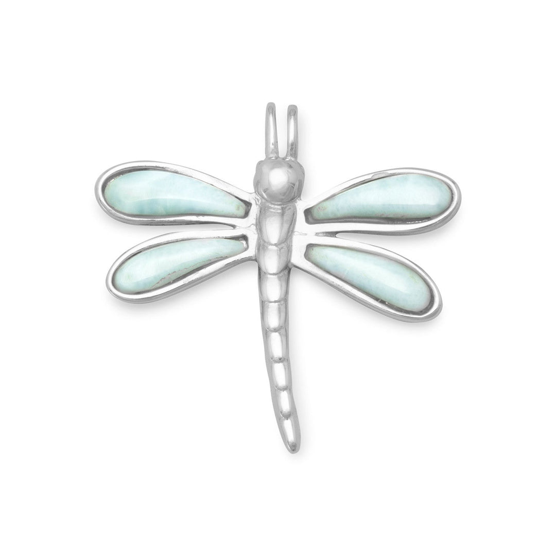 Rhodium plated sterling silver larimar dragonfly slide. The slide measures 27mm x 28mm. .925 Sterling Silver