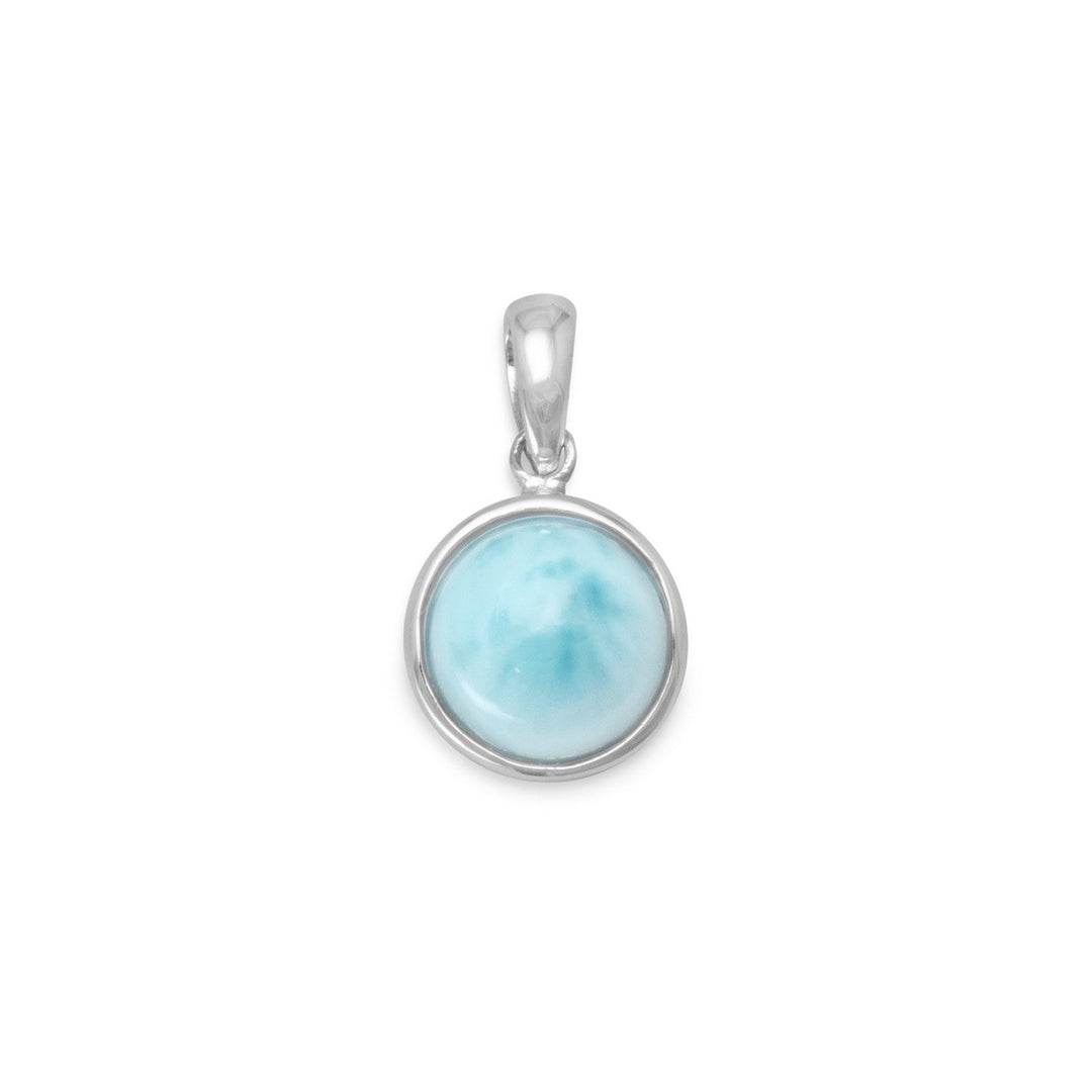 Rhodium plated sterling silver 8mm larimar pendant. The pendant hangs approximately 19mm. .925 Sterling Silver