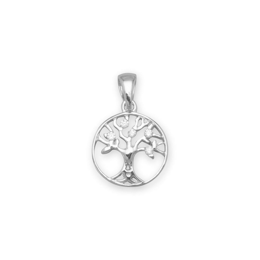 This pendant is a beautiful piece of jewelry that is crafted from .925 sterling silver and features a rhodium plating.  The pendant is designed in the shape of a tree of life and is adorned with cubic zirconia accents that add to its value and beauty. The round, cut-out pendant measures approximately 12mm in diameter and hangs approximately 18mm from the chain. The tree of life is a symbol of growth, strength, and connection to all living things