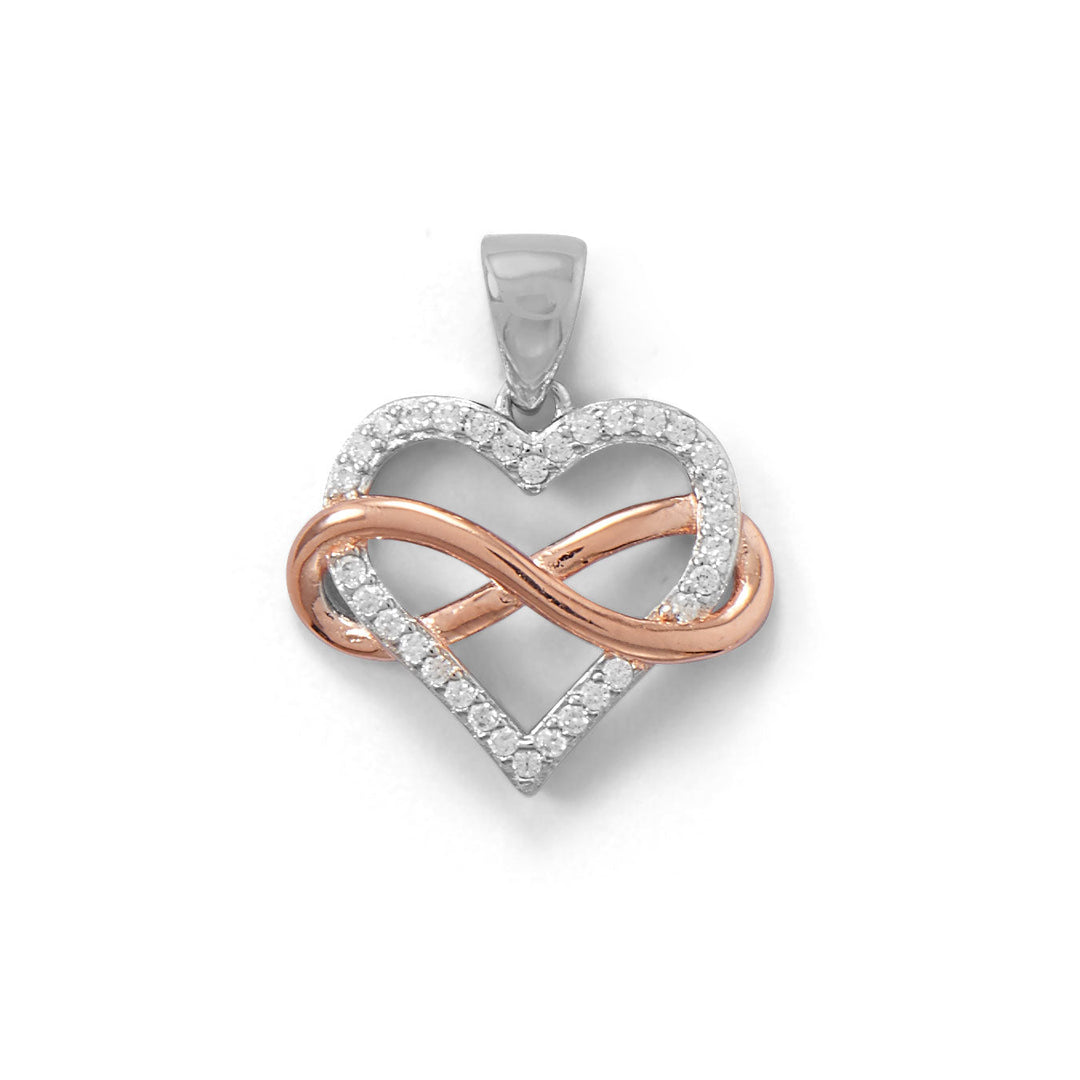 Infinite love. Rhodium plated sterling silver CZ heart with rose gold plated infinity symbol woven across heart. Pendant measures 16.2mm x 14mm. Hanging length including bale is 19mm..925 Sterling Silver