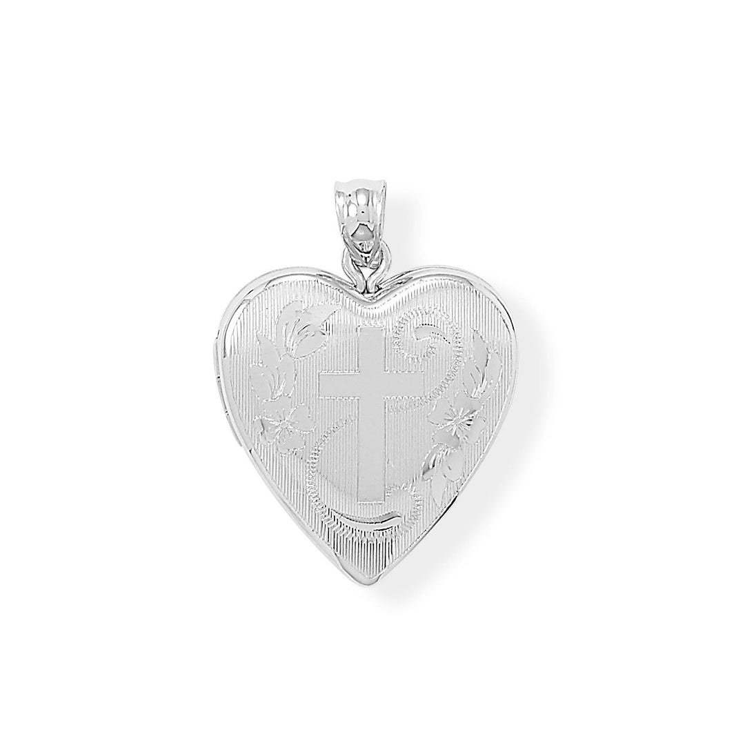 Keep your loved one close with this beautiful rhodium plated sterling silver locket. Etched with a delicate flower design framing a polished cross, pendant can accommodate two photos or one photo with the memory keeper. The memory keeper can be used to hold a small amount of cremains, a lock of hair or a written message. Back has a satin finish. Heart measures 19.5mm x 20mm and hanging length is 28mm. 
