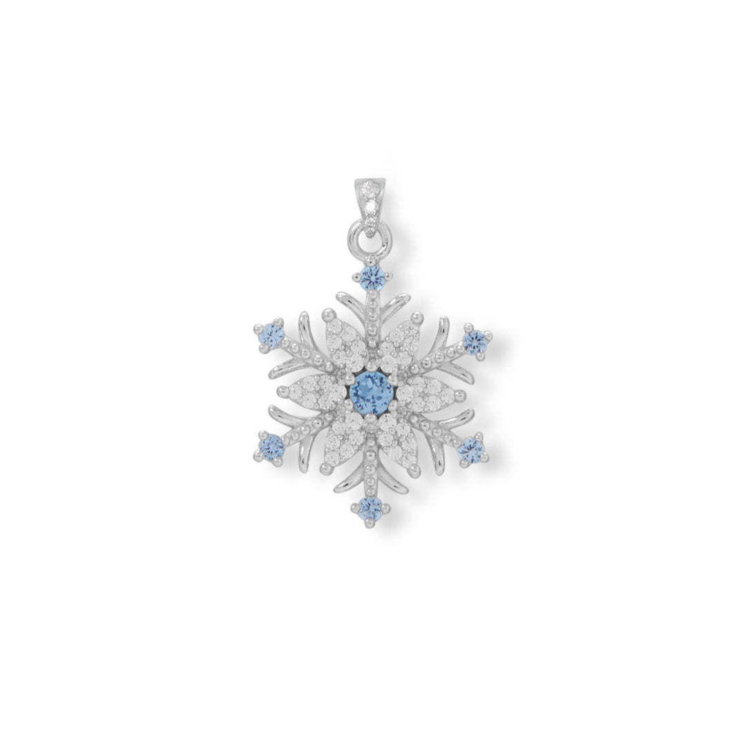 Feeling those wintry vibes! Rhodium plated sterling silver pendant features a total of 42 blue and sparkly white CZs. Blue CZs are 3mm and 1.5mm, and white CZs measure 1mm. Pendant is 26.2mm x 15.9mm. .925 Sterling Silver 