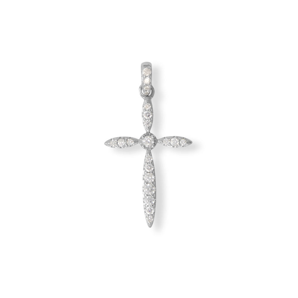 Introducing a stunning piece of jewelry that exudes elegance and sophistication - the Rhodium Plated Sterling Silver Cross Pendant. Crafted from .925 sterling silver, this pendant boasts a dainty yet eye-catching design, measuring 25.5mm x 15.6mm. The pendant is adorned with 1.2-2.0mm cubic zirconias, adding a touch of sparkle and glamour to the piece.