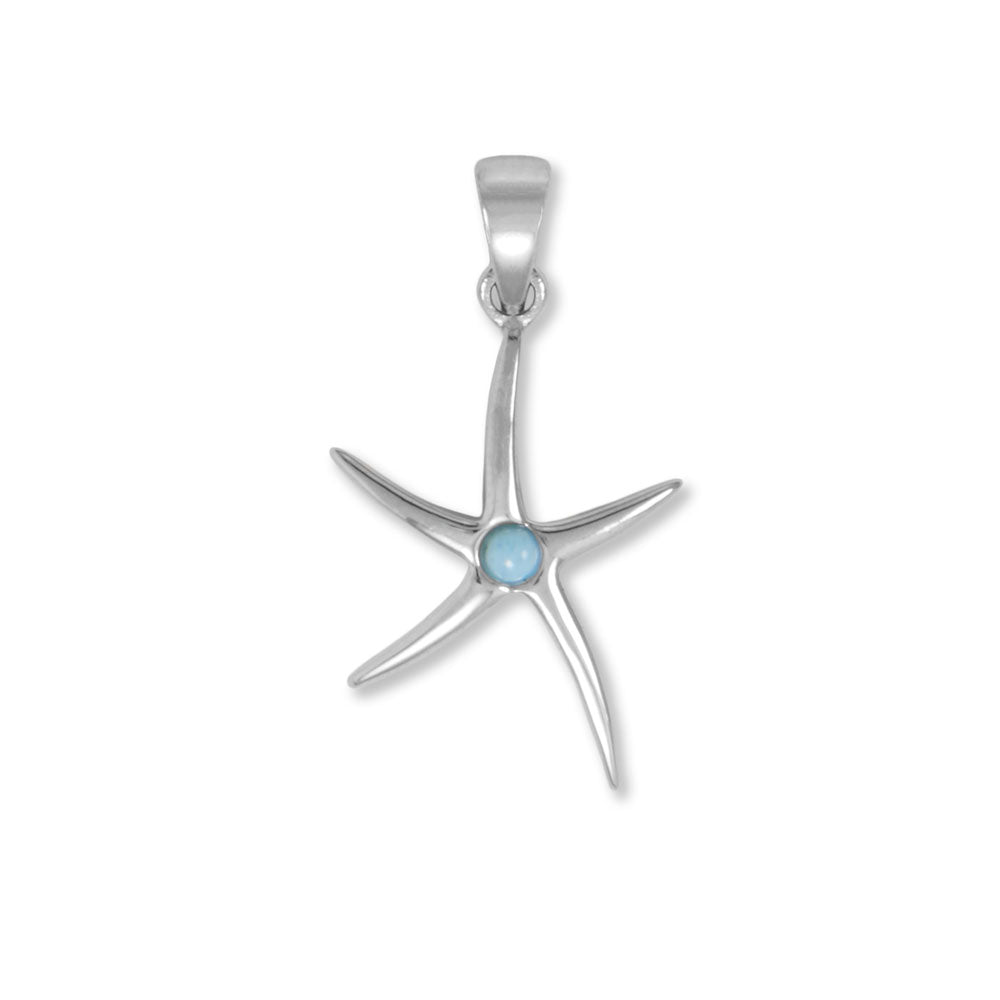 Sweet sea star! Rhodium plated sterling silver pendant features 25.5mm x 16.5mm starfish with 2.5mm larimar at the center.  .925 Sterling Silver