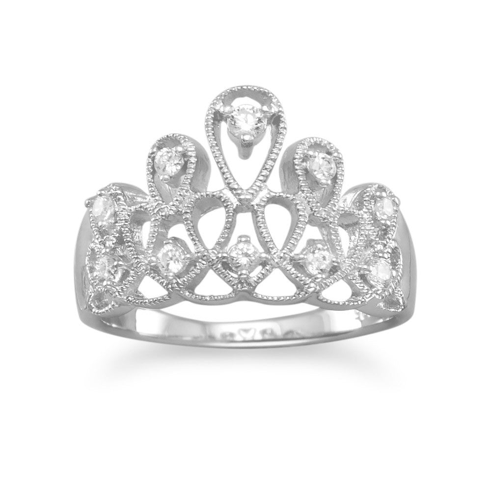 Indulge in the regal splendor of our tiara design ring, crafted from rhodium plated .925 sterling silver and adorned with clear cubic zirconias. Fit for royalty, this unique piece measures 19mm x 12.5mm and is available in sizes 4-10. A truly exquisite gift for your beloved.