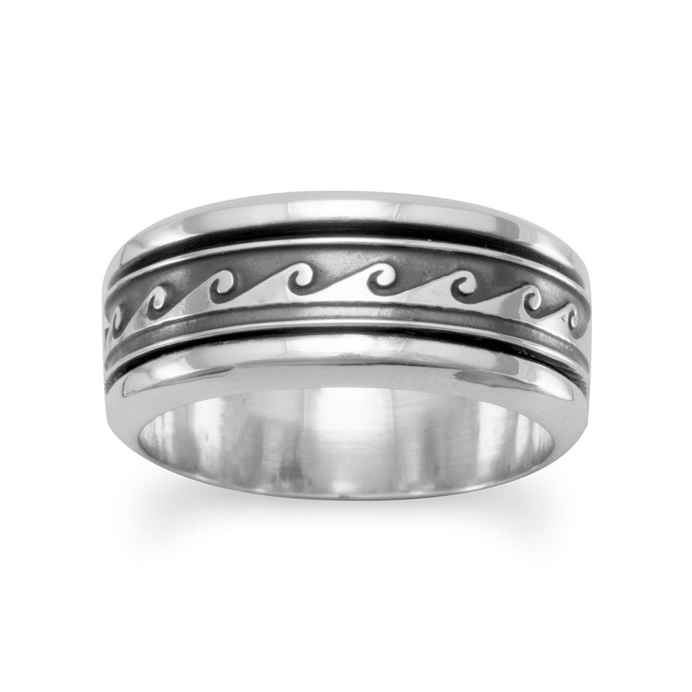 Introducing our exquisite oxidized sterling silver spin ring adorned with a mesmerizing wave design, measuring a lavish 8.5mm. Crafted meticulously by hand, each wave pattern is a one-of-a-kind masterpiece. Available in whole sizes 6-13. Immerse yourself in the allure of .925 Sterling Silver.