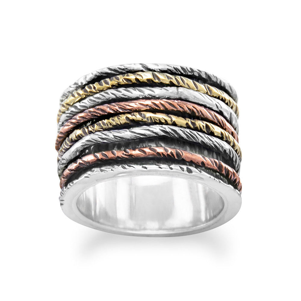 Our exquisite oxidized ring, a true testament to opulence. Crafted with utmost precision, this masterpiece features two sterling silver bands, adorned with 14 karat yellow gold and 14 karat rose gold plating. Meticulously designed, the 13mm wide band is available in whole sizes 6-10. Elevate your style with .925 Sterling Silver.