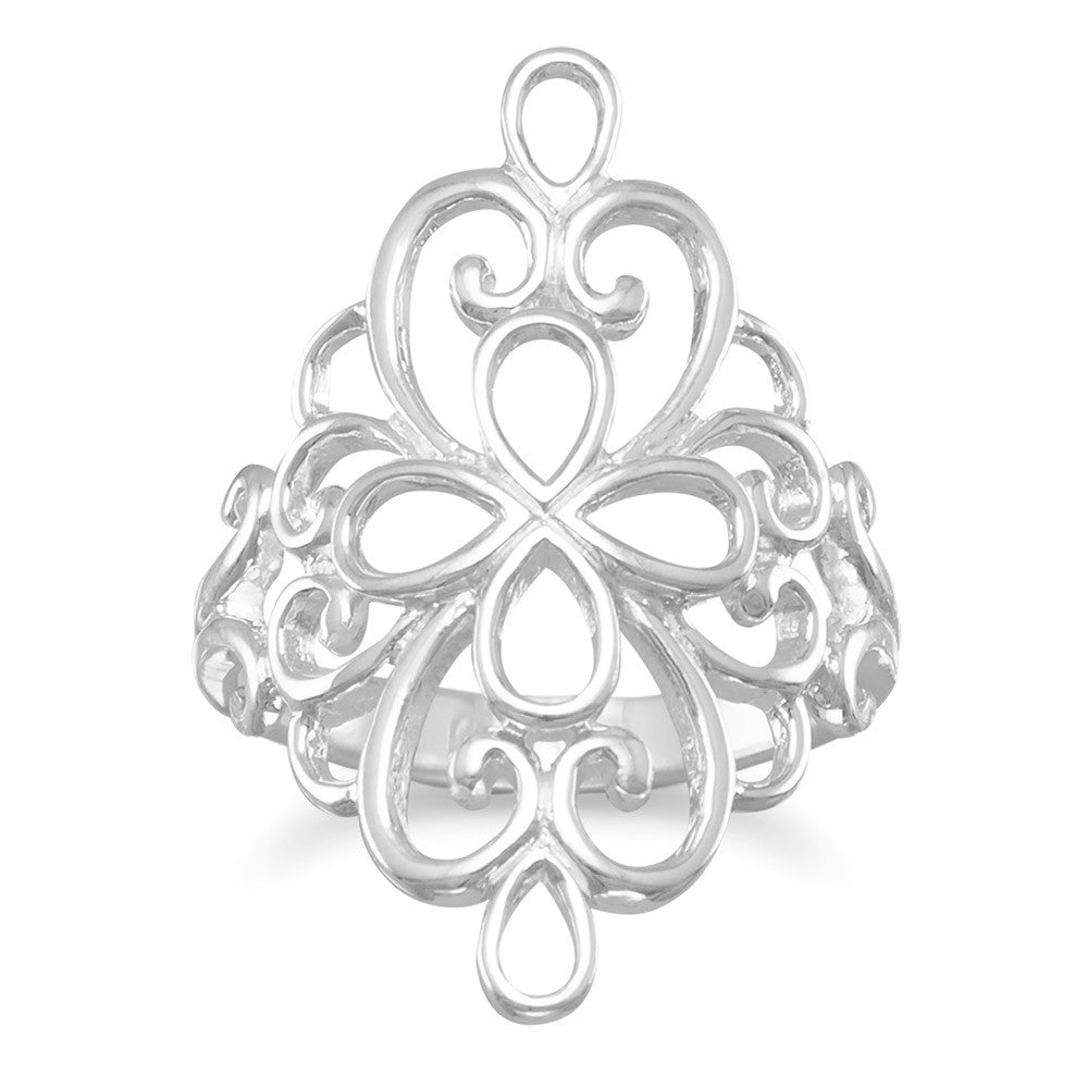 Introducing our meticulously designed masterpiece, the Polished Sterling Silver Ornate Filigree Ring. Adorned with intricate scrollwork, this 24mm x 30mm beauty showcases the epitome of elegance. Available in various sizes, crafted from .925 Sterling Silver.