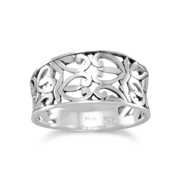 Indulge in the exquisite craftsmanship of our oxidized sterling silver cut out heart design ring. The Celtic-inspired heart cut outs are meticulously crafted, while the tapered band adds a touch of elegance. Perfect for any occasion, this ring is available in sizes 5-9 and pairs beautifully with our other oxidized sterling jewelry collection pieces. Made with .925 sterling silver, this ring is a luxurious addition to any jewelry collection.